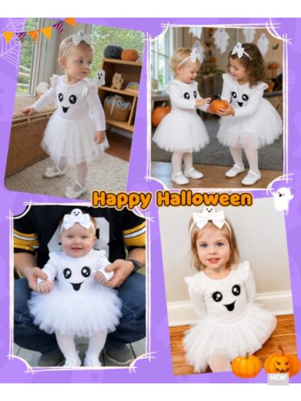 Toddler Girl Ghost Costume 4-Piece Bodysuit Tutu Headband Tights Halloween - Picture 5 of 6